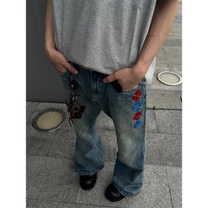 【有货】刺绣微喇牛仔裤男修身直筒微喇美式vibe裤子6673LL-特P50