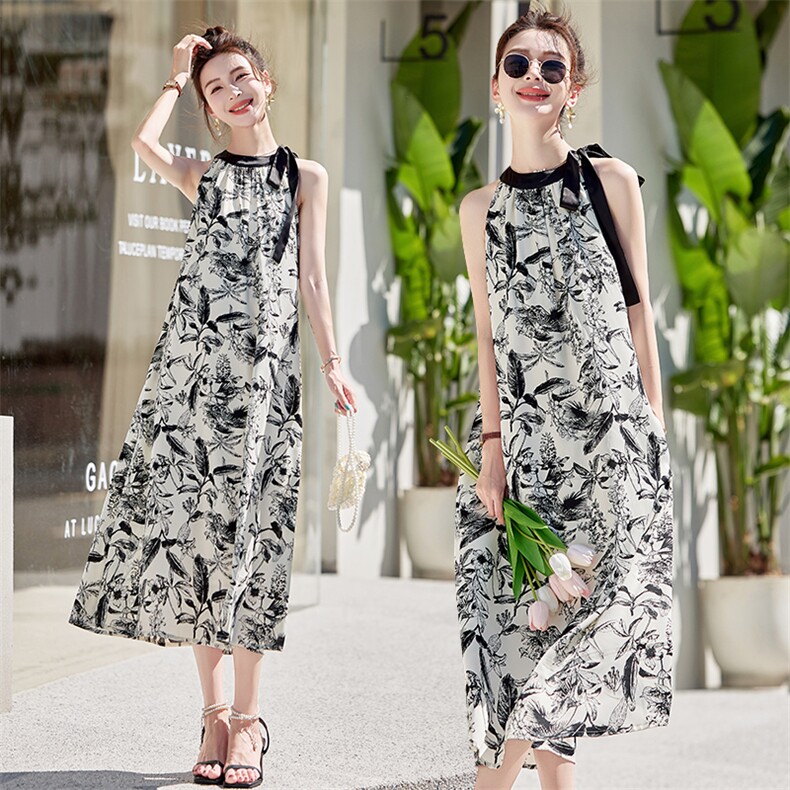 水墨画挂脖无袖连衣裙女夏季2025新款复古洋气清冷感宽松显瘦长裙，女装连衣裙，姿衣坊