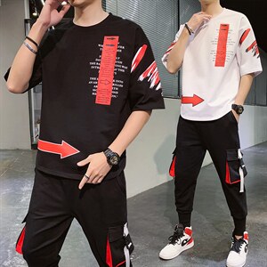 新款夏季时尚帅气潮流体恤男装宽松短袖T恤休闲套装单衣F168P75图片