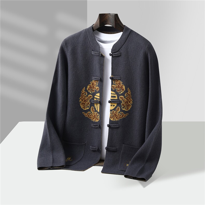 2025年秋季新款百搭大福字提花圆领开衫，男装羊毛衫，江杉羊绒