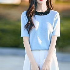 时尚撞色短袖t恤女夏季2025新款打底衫洋气大码女装冰丝针织上衣，女装T恤，思牵羊绒