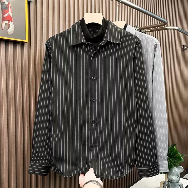 夏季条纹常规宽松型男士高级感假两件衬衫翻领长袖Q803/P45,男装衬衫,星座506B