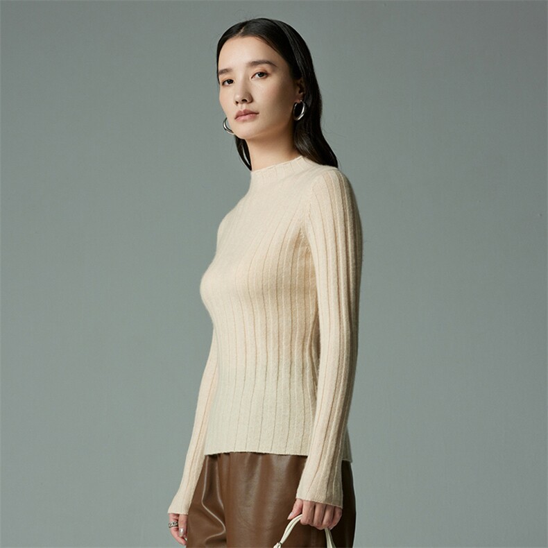 女士35%羊绒衫半高领套头毛衣秋冬新品紧身坑条内搭针织衫,女装羊绒衫,木淼羊绒
