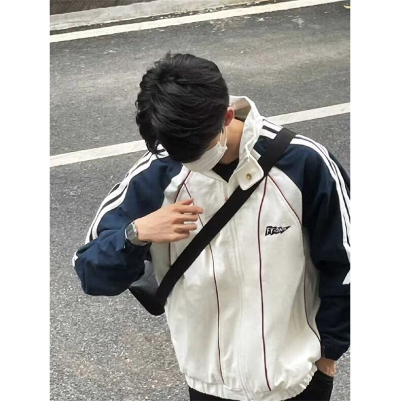 秋季新款美式复古撞色线条设计立领夹克白色外套男礼物男 JK007图片