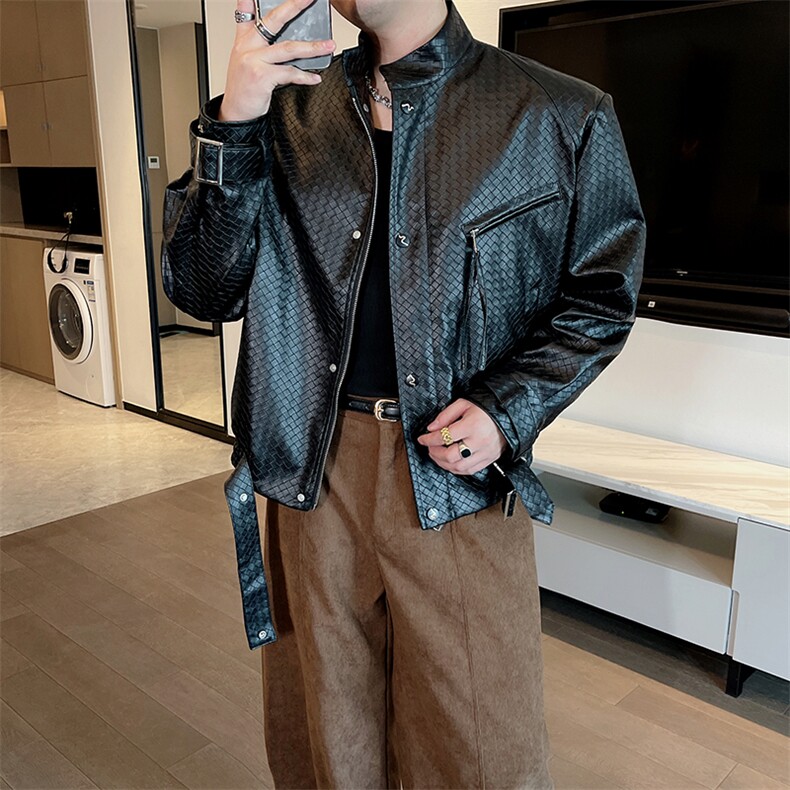 秋季新款美式复古编织设计皮衣外套机车皮夹克男潮流JK2376-P135，男装夹克，电商B267