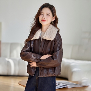 羊羔毛外套女2025新款冬季美拉德皮衣棕色小个子加厚宽松拼接加厚图片