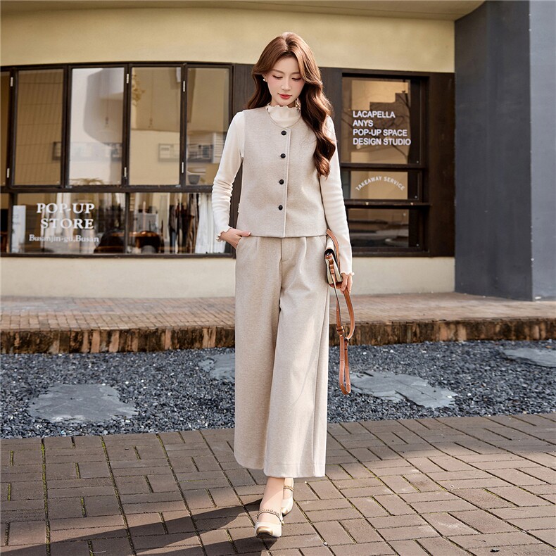 韩系高级感马甲+打底衫+休闲阔腿裤套装女2026春装新款三件套套裤，女装套装/套裙，流量+