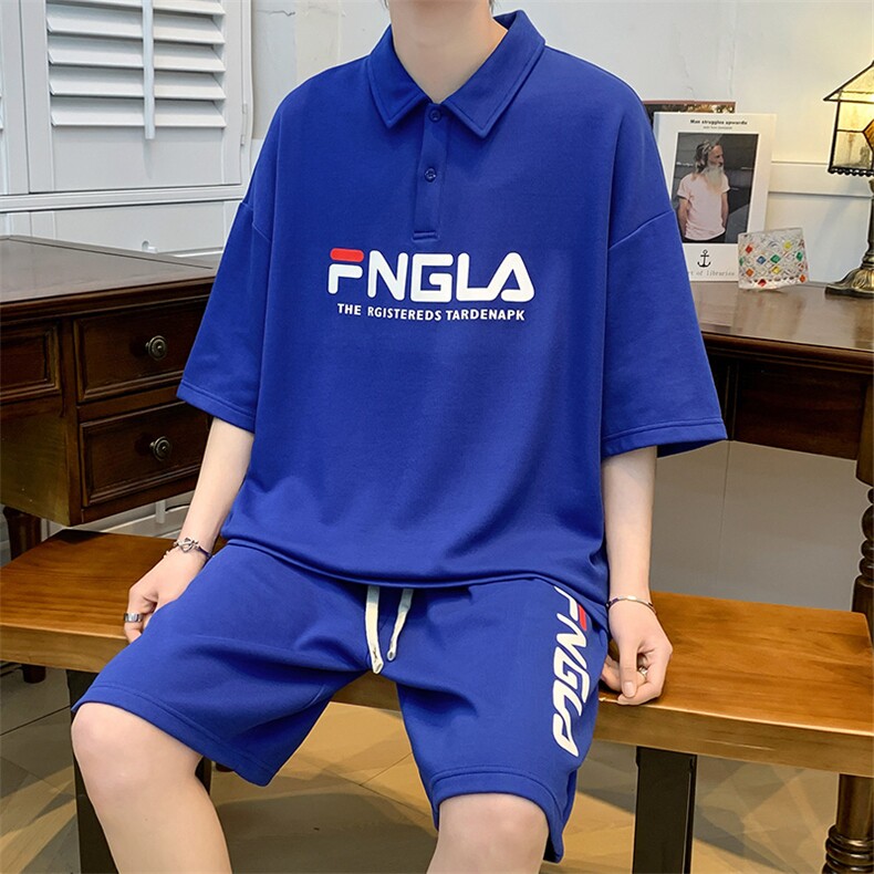 港风夏季短袖短裤两件套男潮情侣半袖POLO衫休闲T恤套装6623-P60，男装Polo衫，电商A441-1