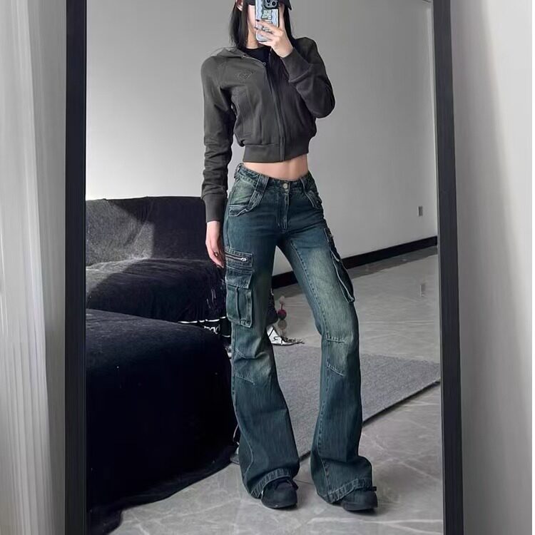 复古低腰口袋工装微喇叭裤子女2025年春秋辣妹设计感工装牛仔裤潮,男装牛仔裤,星座1210-1