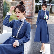 时尚显瘦牛仔连衣裙女长袖高腰修身气质淑女风裙子，女装连衣裙，秋水欣儿
