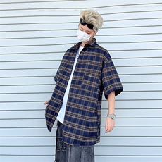 日系短袖格子衬衫男夏季新款翻领男生衬衣外套C58，男装衬衫，星座1116A-1（原606A）