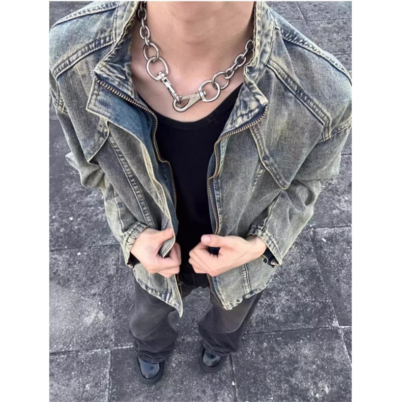 【001】毛边水洗牛仔外套男拉链立领机车夹克短款A079-2205-P69,男装工装外套,电商A079