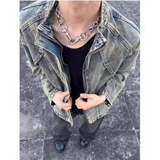 【001】毛边水洗牛仔外套男拉链立领机车夹克短款A079-2205-P69，男装工装外套，电商A079