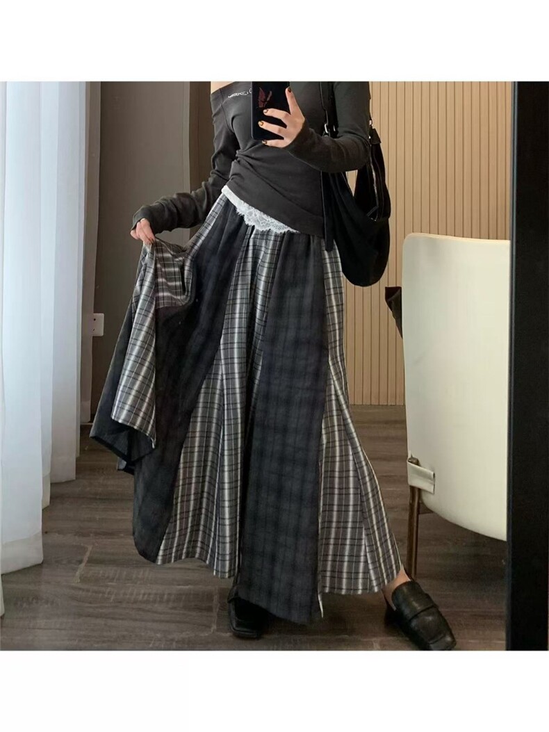 韩系小众复古拼接撞色格纹流浪风高腰长款半身裙,女装半身裙,湘姗