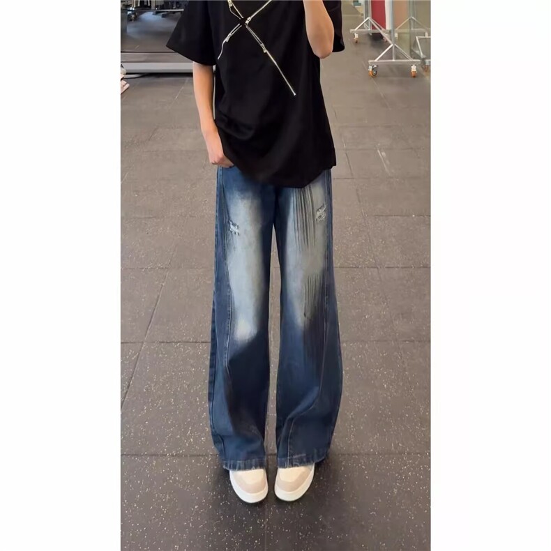 新款美式复古小众直筒破洞牛仔裤男女高街宽松阔腿长裤L21244-P44,男装牛仔裤,星座1008