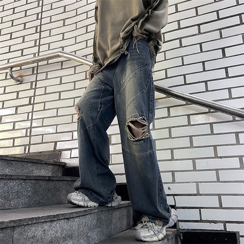 破洞牛仔裤男高街欧美慵懒韩风潮流文艺时尚潮裤N0826-P53,男装牛仔裤,星座308B-1