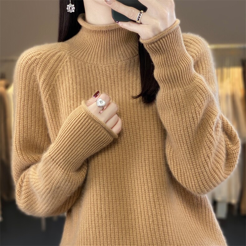 秋冬半高领100%纯羊毛衫女卷边加厚长袖毛衣宽松羊绒针织打底上衣,女装羊毛衫,九嘉羊绒