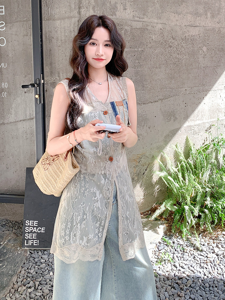 又a又飒蕾丝马甲七分牛仔阔腿裤套装女2025夏季新款小个子两件套,女装套装/套裙,浙宝305