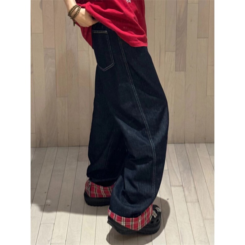 【有货】美式格子拼接卷边牛仔裤男女阔腿裤子高街NZ011WW-特P48,男装牛仔裤,星座1007（原301D）
