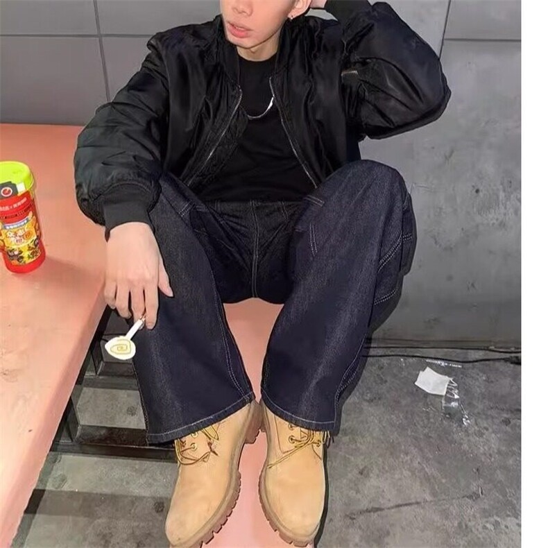 美式复古丹宁蓝阔腿弯刀牛仔裤男解构宽松直筒宽松休闲长裤子潮牌,男装牛仔裤,星座506A