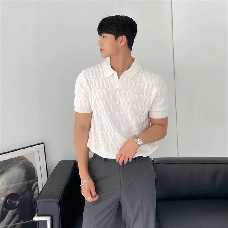 夏季针织短袖Polo衫韩版修身纯色冰丝休闲翻领上衣-M26-网络图图片