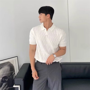 夏季针织短袖Polo衫韩版修身纯色冰丝休闲翻领上衣-M26-网络图图片