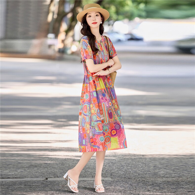 夏日多巴胺甜美印花棉麻连衣裙女2026新款收腰显瘦度假风气质长裙,女装连衣裙,倪叶myz