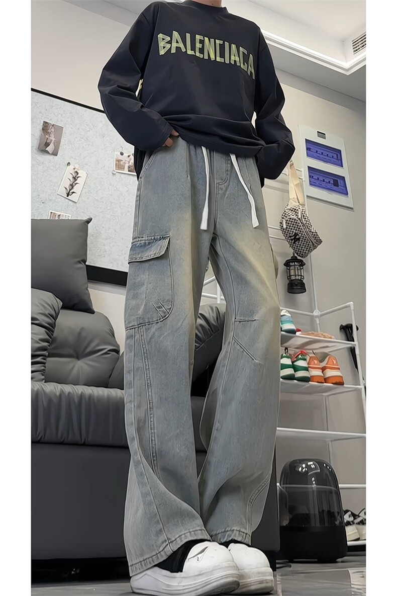 解构拼接弯刀牛仔裤男2025秋季新款美式阔腿裤子-A2221TP55,男装牛仔裤,电商B241