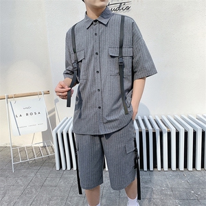  条纹休闲套装男2021夏季新款潮流短袖衬衫两件套DS775TP65图片
