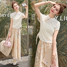 新中式设计感套装女2025夏日时髦复古盘扣上衣气质阔腿裤裙两件套，女装套装/套裙，关键词