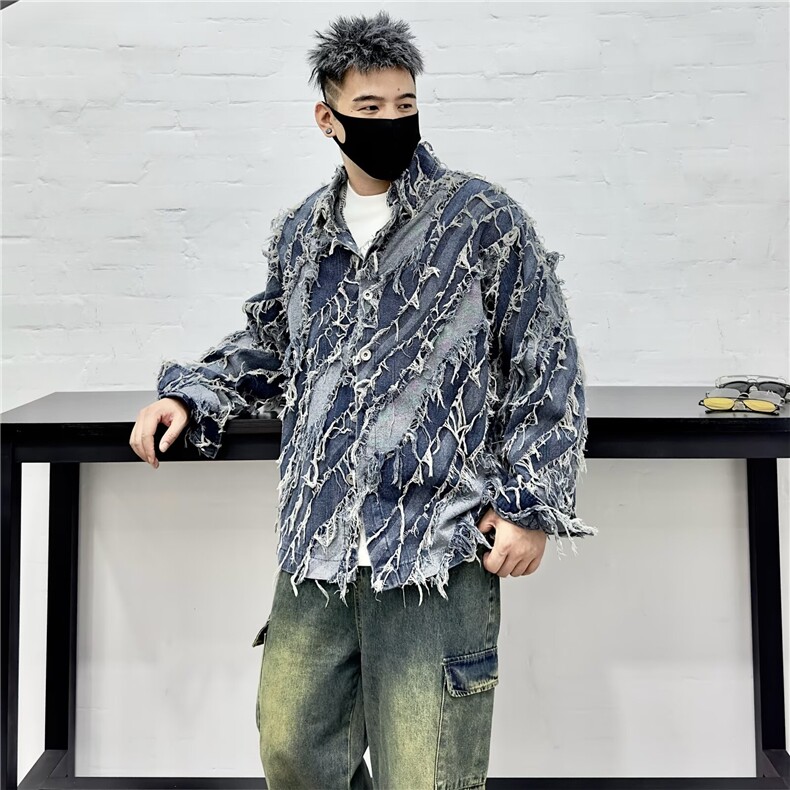 秋季小众毛边流苏设计感时尚牛仔夹克男炸街网红高级感短款外套潮,男装夹克,星座218-1（原230）
