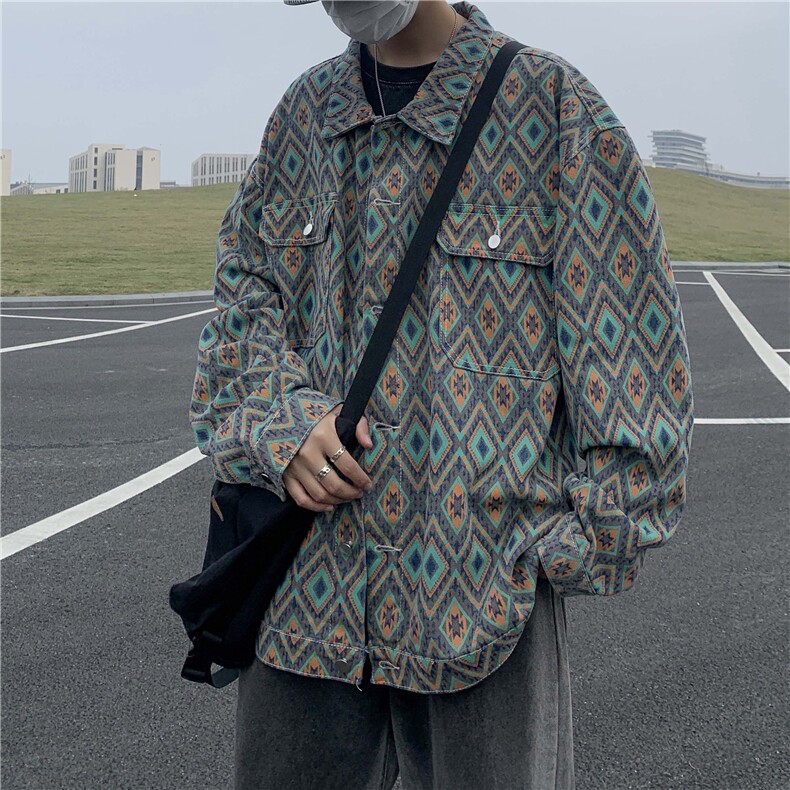 美式高街牛仔外套男菱形拼色个性帅气2025夏季ins夹克W5068-P60,男装工装外套,星座412-3
