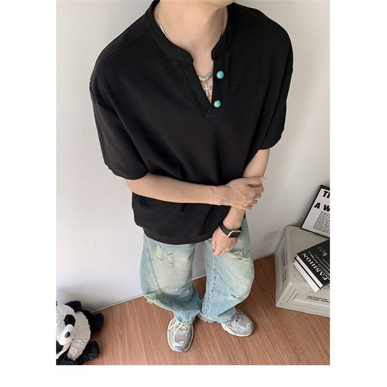 夏季美式v领短袖t恤男士潮牌宽松复古半袖体恤打底衫YW140P45,男装T恤,星座1013-1