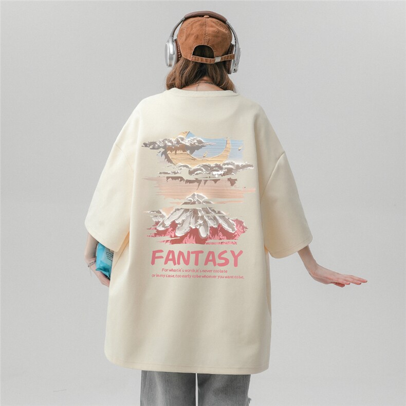 中性风夏季时尚复古百搭雪山印花100棉宽松短袖T恤T6091P25控38,男装T恤,电商A268