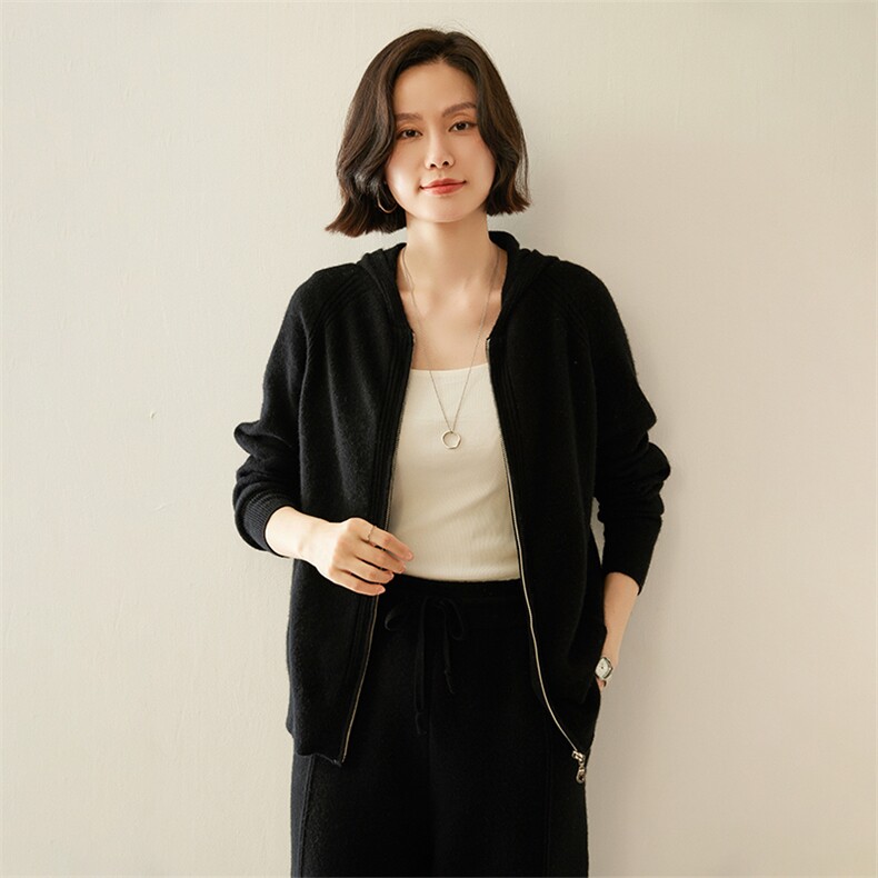 连帽开衫韩版宽松山羊绒衫女秋季新款针织帽衫欧货拉链毛衣外套,女装羊绒衫,纳丰羊绒