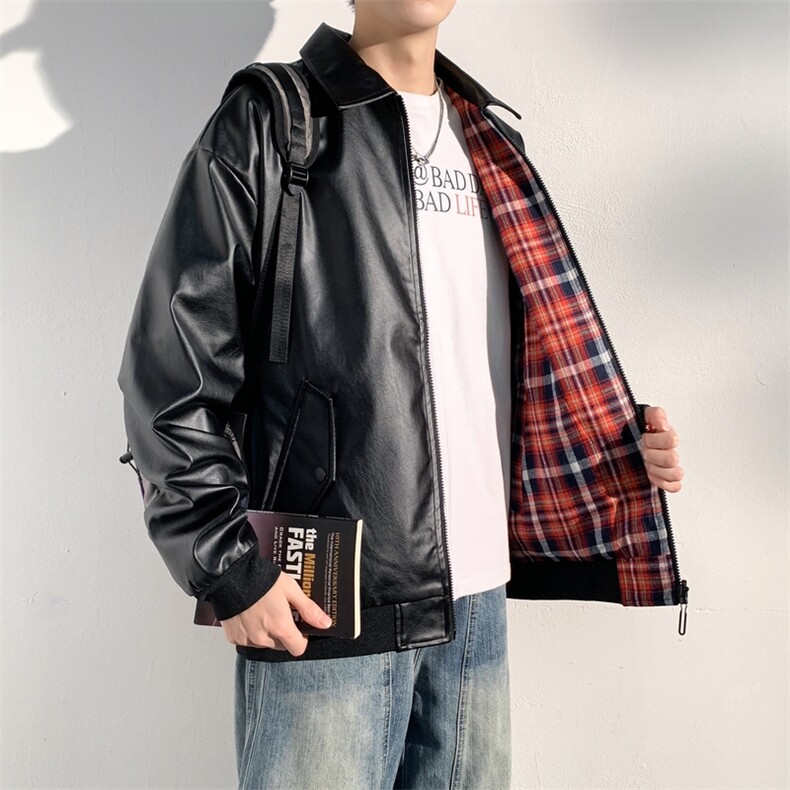 双面穿休闲百搭仿皮衣外套格子机车服高级感夹克A406 JK6003 P80图片