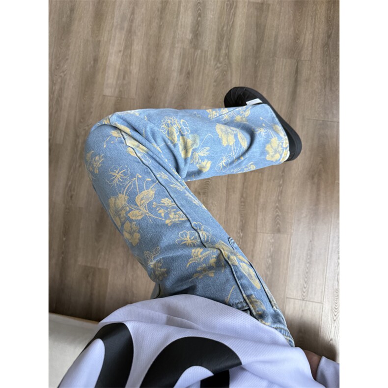 蓝色美式高街提花牛仔裤男秋季痞帅高级感裤子修身窄版直筒微喇裤,男装牛仔裤,电商B221