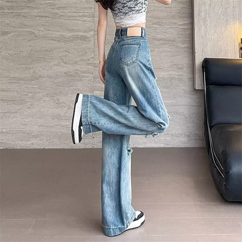 复古破洞阔腿牛仔裤女2025夏季薄浅蓝色破洞直筒牛仔裤女,男装牛仔裤,星座1210-1