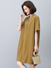 亚麻连衣裙女短袖2025夏季新款宽松休闲妈妈显瘦遮肉中长棉麻裙子，女装连衣裙，悦见她