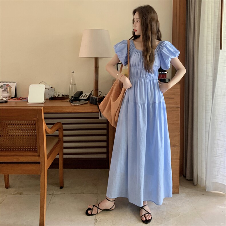 蓝色泡泡袖捏褶连衣裙女2025年夏季新款法式漂亮高腰显瘦a字长裙图片