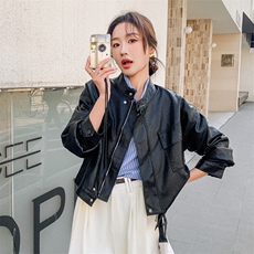 复古黑色皮衣外套女春秋机车小众高级感小个子立领短款PU皮夹克，女装皮衣，欣美人