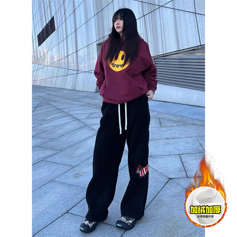 冬季美式刺绣羊羔毛棉裤男女情侣加绒加厚保暖宽松休闲阔腿长裤子，男装棉衣，电商A443