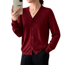 杨子纱100%超细羊毛V领开衫，女装针织衫/毛衣，优麦羊绒（原洪叶羊绒）