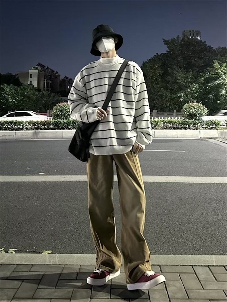 秋冬韩系慵懒风撞色条纹针织衫男女宽松情侣款Z8822-P50,男装针织衫/毛衣,星座1109-3