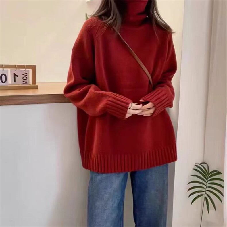 韩版宽松慵懒风高领加厚100%纯羊毛衫女长袖针织毛衣打底羊绒上衣，女装针织衫/毛衣，冀清阳荣
