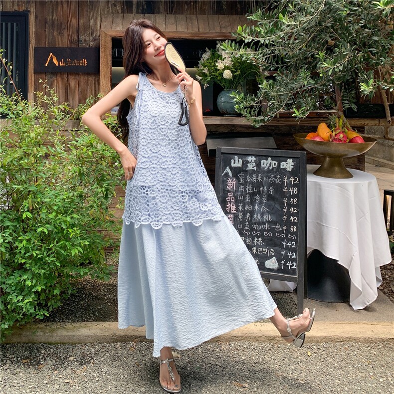 蓝色度假风镂空罩衫套装女2025年夏季新款气质小清新半身裙两件套,女装套装/套裙,2C133