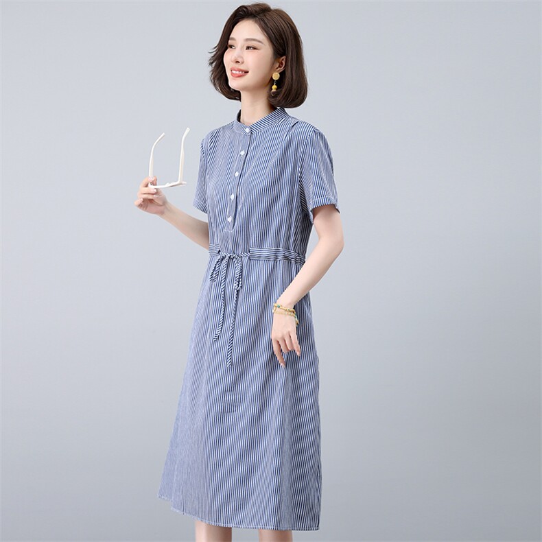 中年妈妈条纹连衣裙女2025夏季新款宽松休闲显瘦减龄气质衬衫裙子,女装连衣裙,江忆布依