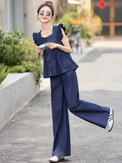 天丝牛仔套装女夏小飞袖2025新款今年流行爆款时尚阔腿裤两件套，女装套装/套裙，冬木谷雨