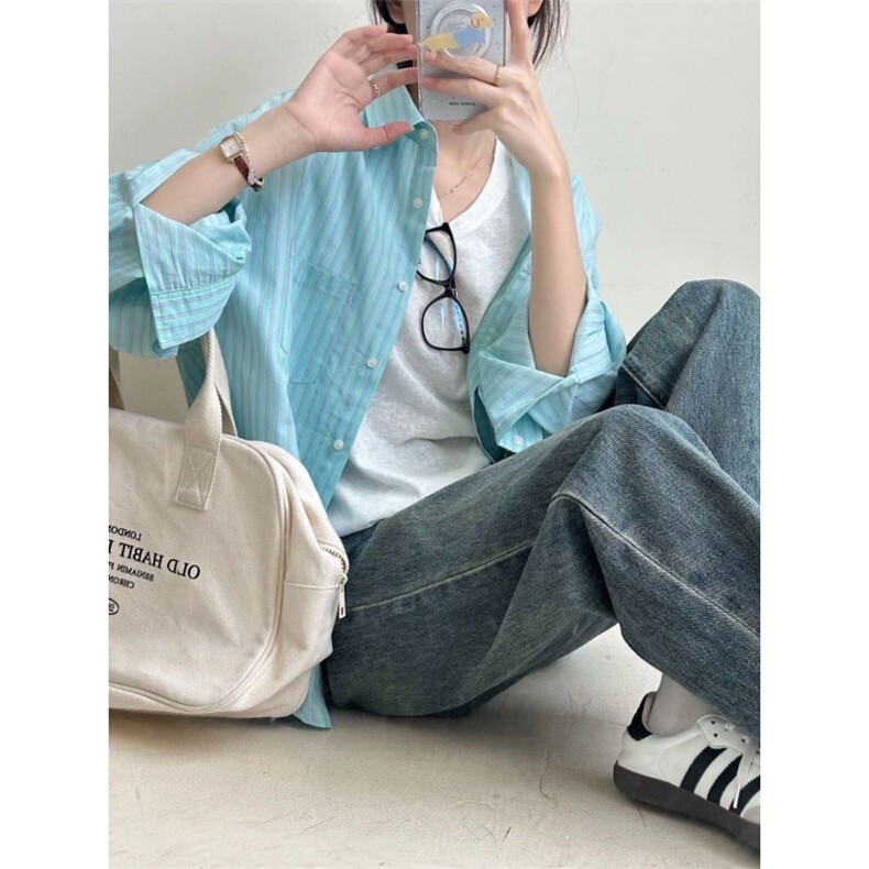 TC580-P45条纹长袖防晒衬衫上衣女2026春夏秋季新款宽松衬衣,女装衬衫,星座617A-2
