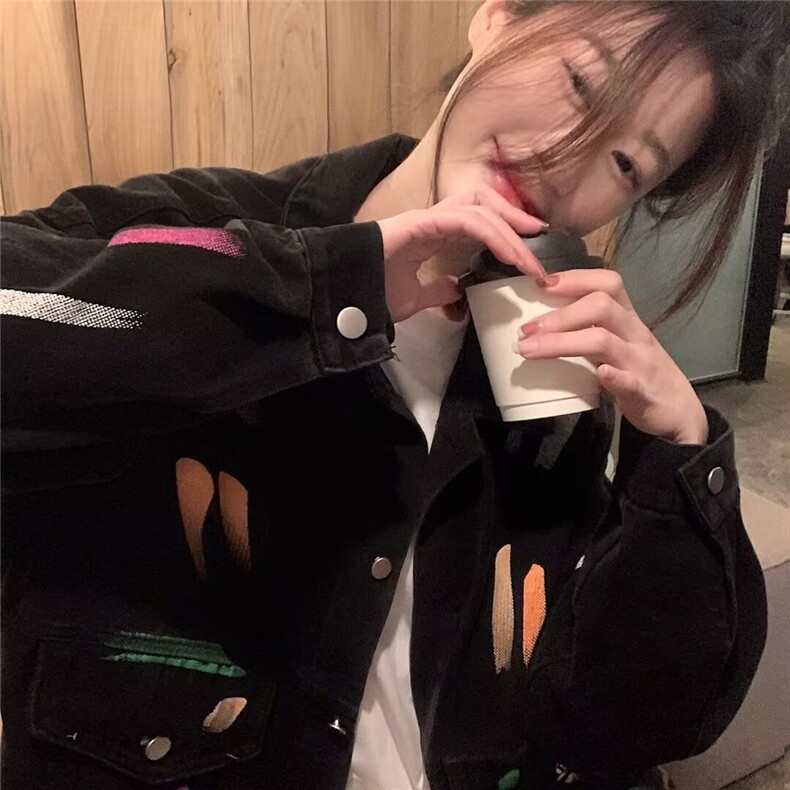 887-P52彩色涂鸦牛仔外套女春秋新款大码胖MM设计感小众,男装工装外套,电商B323A